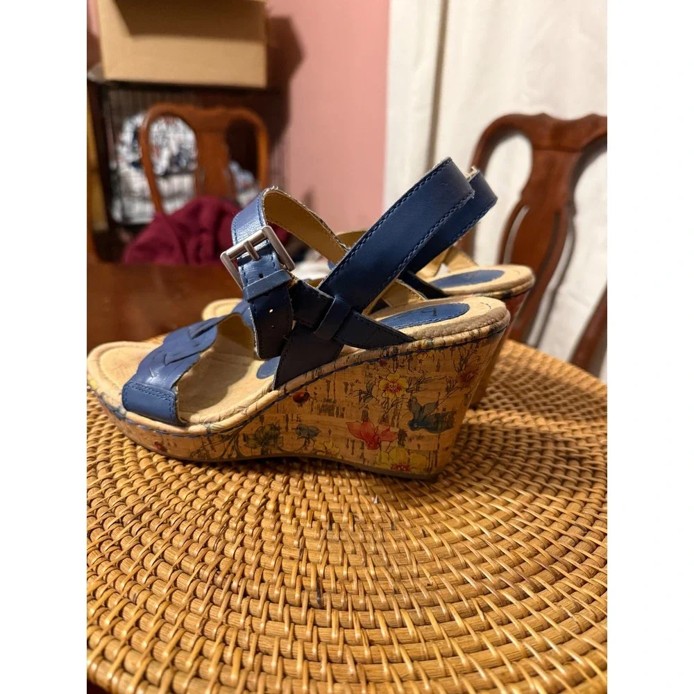 b.o.c. Born Concept Blue Leather Floral Cork Wedge Sandals Size 8M